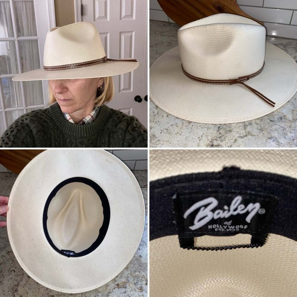 BAILEY OF HOLLYWOOD $200 Stetson Hat, White w brown leather band 8” EUC